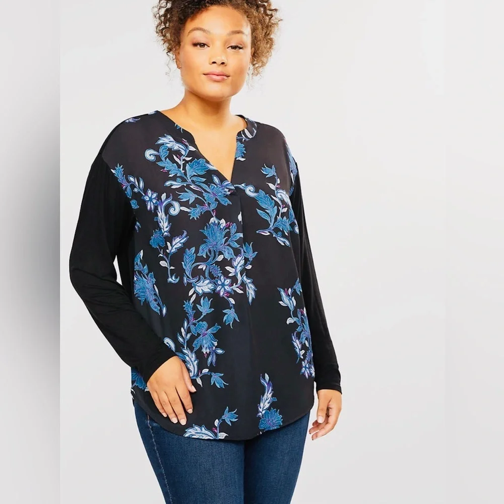 LB Mixed Fabric Top Navy w/Floral Print Shades of Blue 14/16 - Picture 3 of 5